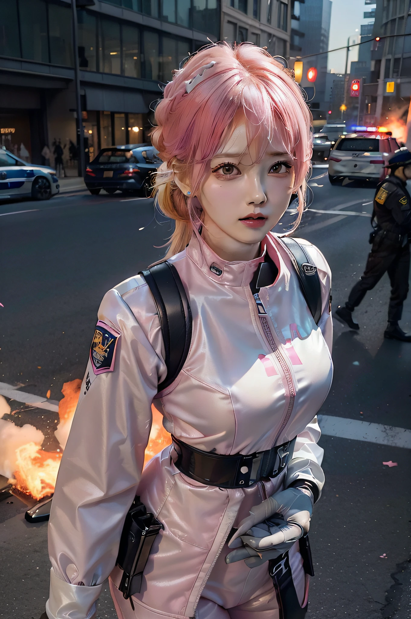Top Quality, Ultra High Definition, (backlight), (Photorealistic: 1.4), (Pink updo Hair: 1.3), 1 Girl, (Kpop Idol), Detailed Face, Contrapposto, Smooth Skin, Perfect Anatomy, Cityscape, Professional Lighting, ((wearing Futuristic Racing Suits like Police uniform, police wappen, High-tech Headset, military harness, racing gloves, machinegun)), ("POLICE", pink hair,), (background, (Audience Coming close), daylight, crashed cars, fire, (Explosion),