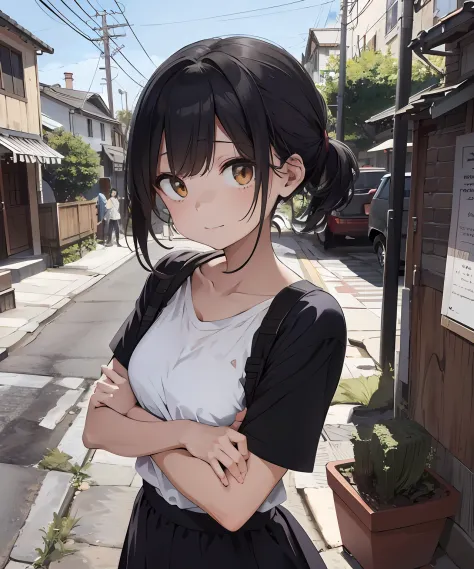 Anime girl with black hair and white shirt standing in the street, style of anime4 K, Anime style. 8K, Realistic anime 3 D style, anime moe art style, Guviz, up of young anime girl, Guviz-style artwork, attractive anime girls, An anime girl, realistic anim...