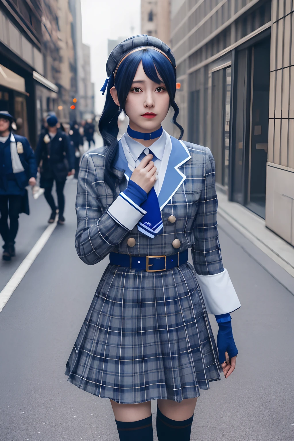 masterpiece, realistic, best quality, highres, sui1, 1girl, solo, side ponytail, hoshimachi suisei, fingerless gloves, single thighhigh, jewelry, single sock, thigh strap, bracelet, blue socks, buttons, single kneehigh, plaid dress, blue choker, blue belt, plaid skirt, mini crown, grey skirt, blue ascot, long sleeves, plaid jacket, cowboy shot, street background, fullbody, cosplayer