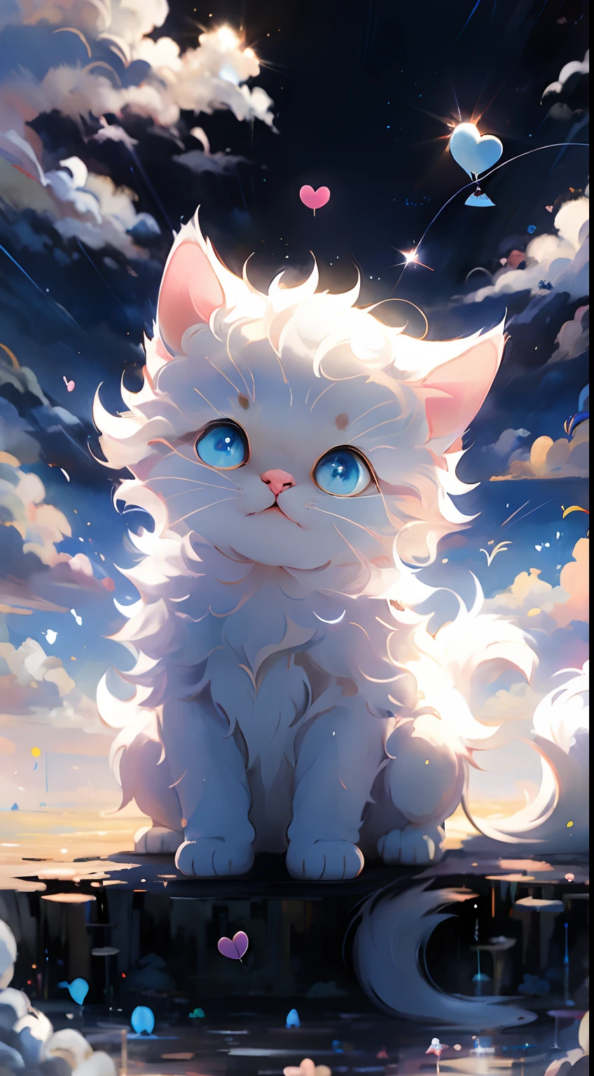 melhor qualidade, obra-prima, Uma detalhada:1.4, Um gatinho branco bonito, Segurando um balão de amor, O fundo é céu azul e nuvens brancas。