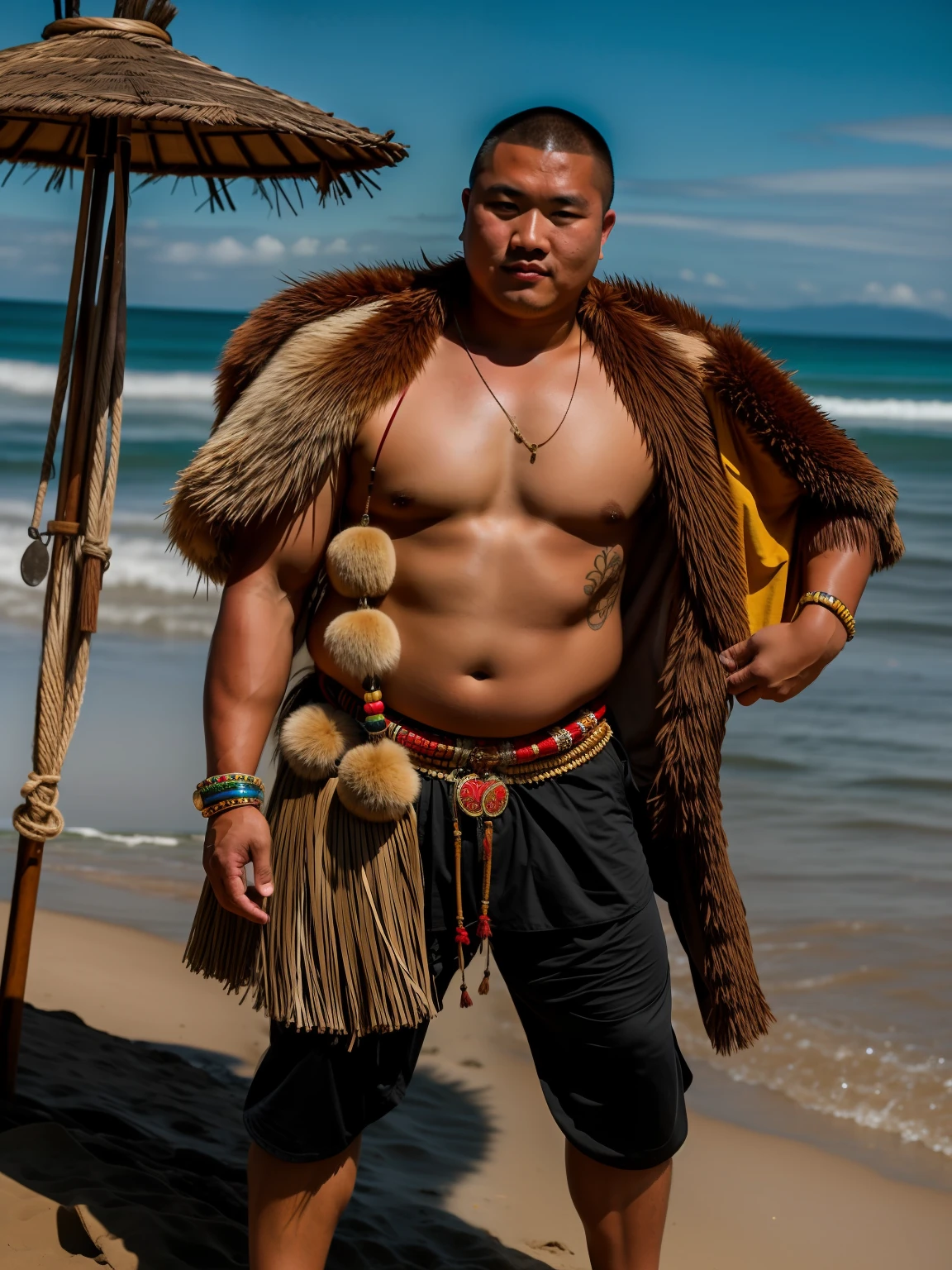 Arafed man in a native costume standing on the beach - SeaArt AI