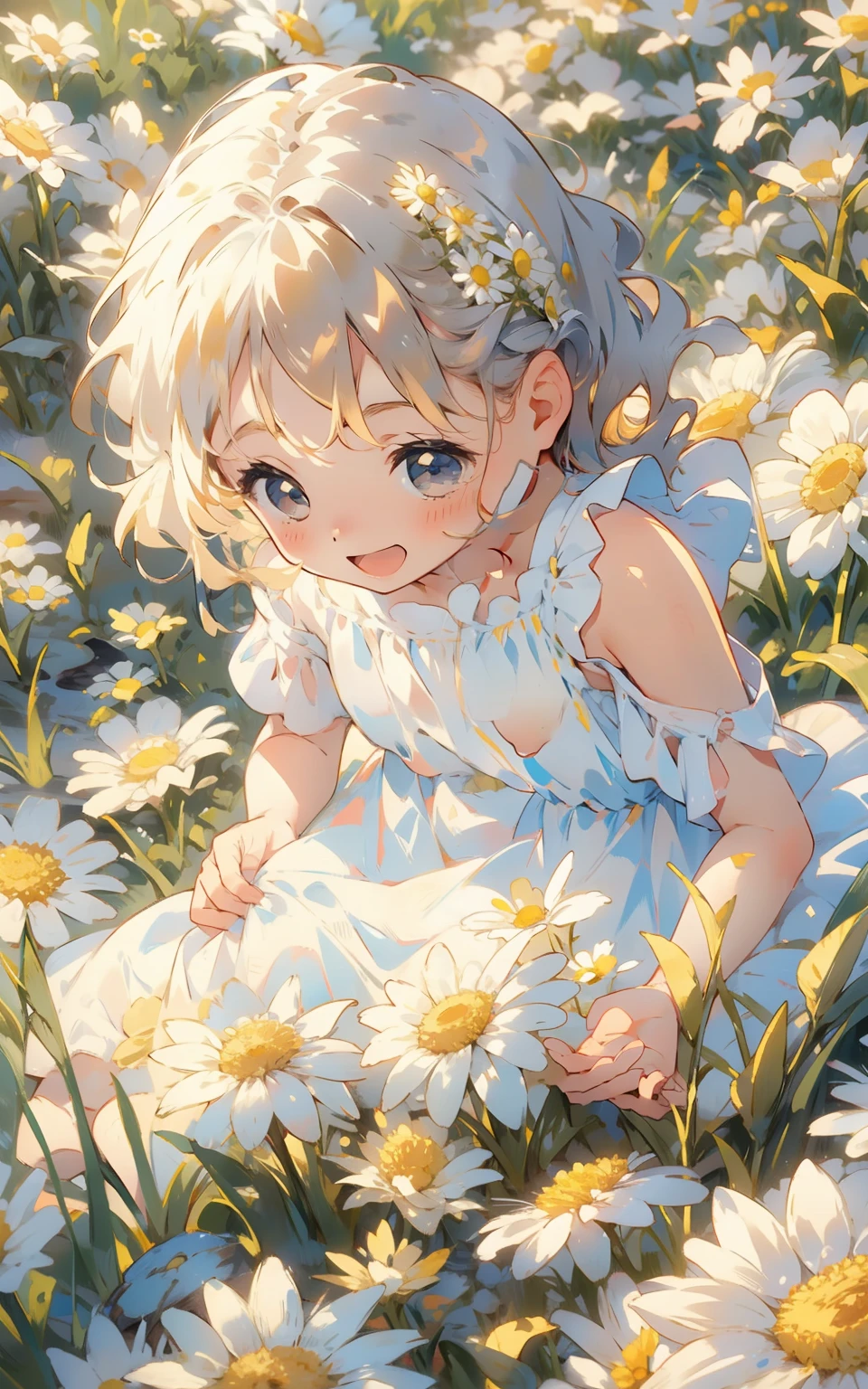 雛菊兒童的夢想： 在陽光明媚的田野裡，一個天真可愛的少女穿著白色的連身裙，她坐在開滿雛菊的草地上，手裡拿著花環。她的眼神透露出純真和喜悅，周圍環繞著白色和黃色的雛菊，整個場景充滿了童趣和歡樂。