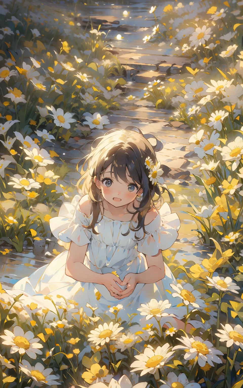 Daisy Child's Dream： In a sunny field，An innocent and cute teenage girl wears a white dress，She sat on a meadow full of daisies，Holding a garland in his hand。Her eyes revealed innocence and joy，Surrounded by white and yellow daisies，The whole scene is full of childlike fun and joy。