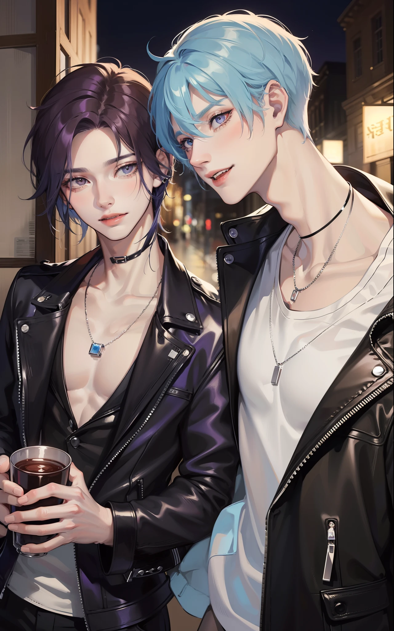 Two anime guys with blue hair and black leather jackets holding drinks -  SeaArt AI