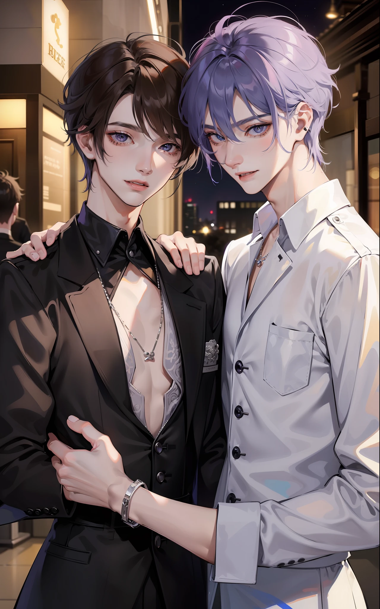 ​masterpiece, top-quality, 2Others, Male couple, 1 man and 1,, Adults, Height difference, different fashion, different color, finely eye and detailed face, intricate detailes, Black Butler Fashion, Modern urban streets, A smile, Happiness, tenderness, queers, Boys Love, high-level image quality、 Two beautiful men、tall、The upper part of the body、nightfall、nighttime scene、𝓡𝓸𝓶𝓪𝓷𝓽𝓲𝓬、Korean Male, k pop, Professional Photos, Vampires, Fedoman with necklace, inspired by Sim Sa-jeong, androgynous vampire, :9 detailed face: 8, extra detailed face, detailed punk hair, ((eyes are brown)) baggy eyes, Seductive. Highly detailed, semi realistic anime, Vampire deacon, hyperrealistic teen, delicate androgynous prince, imvu, short hair above the ears, Man with short hair, With a purple-haired man with a wild expression, Man with light blue hair with gentle expression, With a short-haired man with bright purple hair, Man with light blue hair, Take a selfie for two