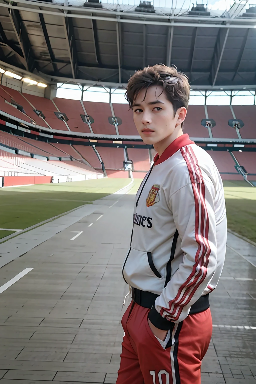 ((Best quality, 8K, photograph realistic:1.4, Masterpiece: 1.2)), back Lighting, Highly detailed face texture boy, 10years old, (Height 1.73 meters), (Old Trafford football stadium background: 1.2)), Wearing the jersey of the Portuguese national football team，SLR camera off the ground1.5-meter shooting，Full body photo from the side，Cinematic texture