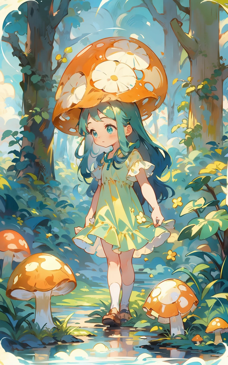 森童话： 在一片神秘的森林里，一个穿着绿色连衣裙的可爱少女，她站在一条绿树环绕的小溪边，他手里拿着一个蘑菇，眼神里流露出好奇和天真。周围是长满青苔的石头和蓝天白云，整个场景充满了自然和童话的气息。