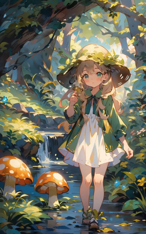 Mori fairy tales： In a mysterious forest，A cute teenage girl wearing a green dress，She stood by a stream surrounded by greenery，...