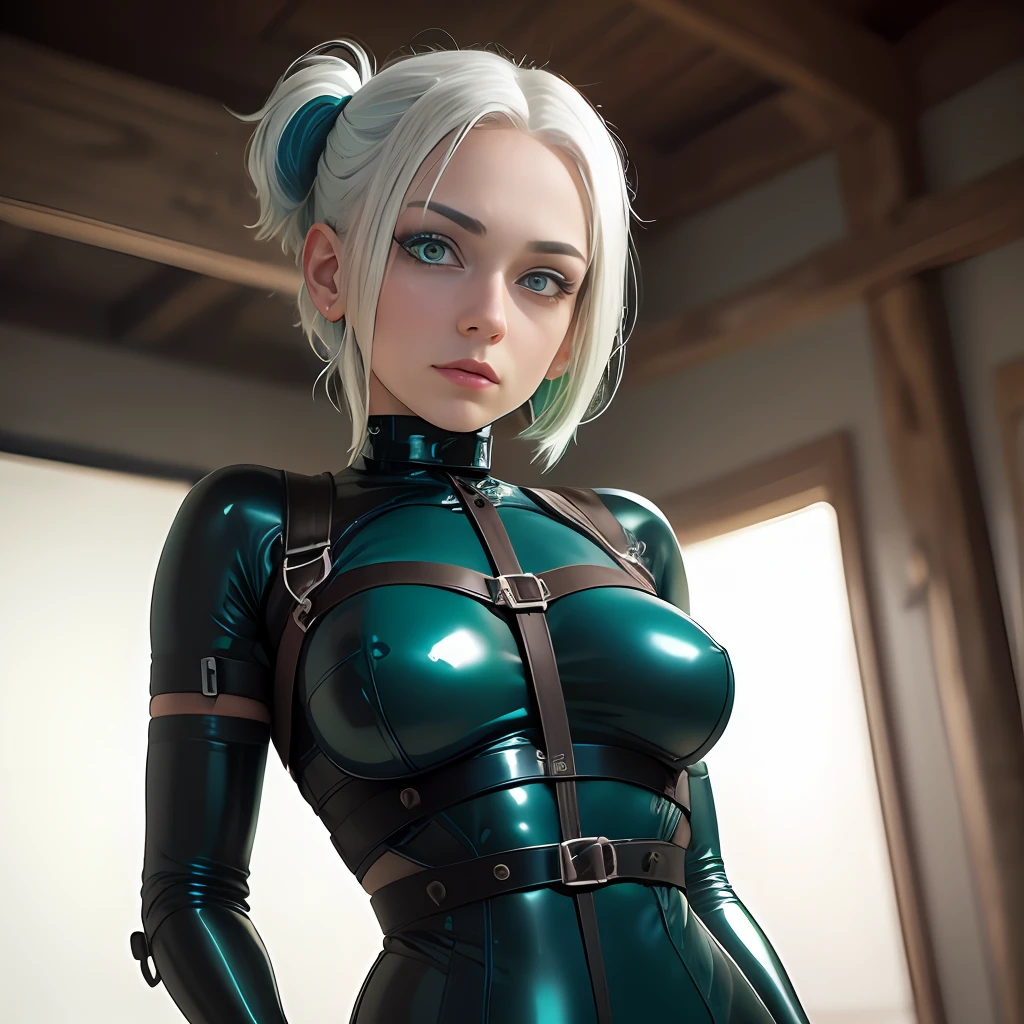 Slightly happy, Short hair, (((white hair))), ((white hair with ((blue tips)))), blue dye, (((((green eyes))))), ((small breasts)), arms behind back, (((black latex Bodysuit, bondage, Latex, restrained, harness, arms bound))), basement, catsuit, latex, best quality, high-res, masterpiece, (((mature, woman))), (((fully clothed, long sleeves))), solo, 1 girl