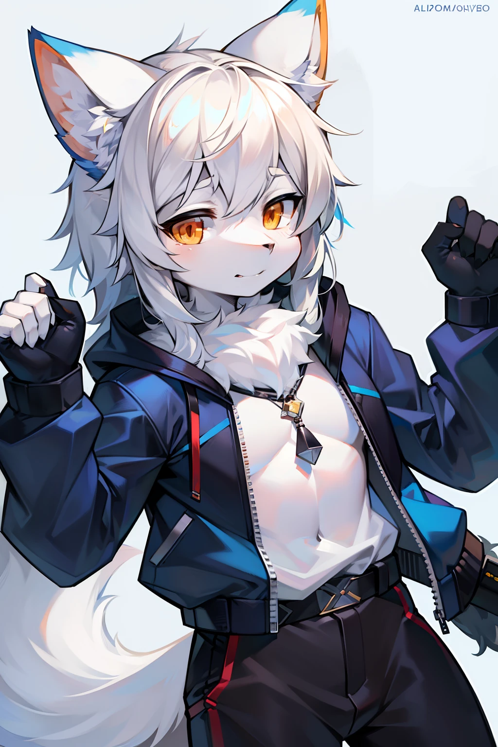 liveroom，full bodyesbian,Young Wolf,人物,tmasterpiece，Blue down jacket,Furry tail,Highest image quality,8K,Full HD background，Cartoony，adolable，komono、long trousers，male people，a plush，Furry，White fur，White body，White ears，Orange-yellow eyes，solo person, Wolf tail, Wolf ears, ((half-body portrait)),Soft lines，Soft lines of clothing