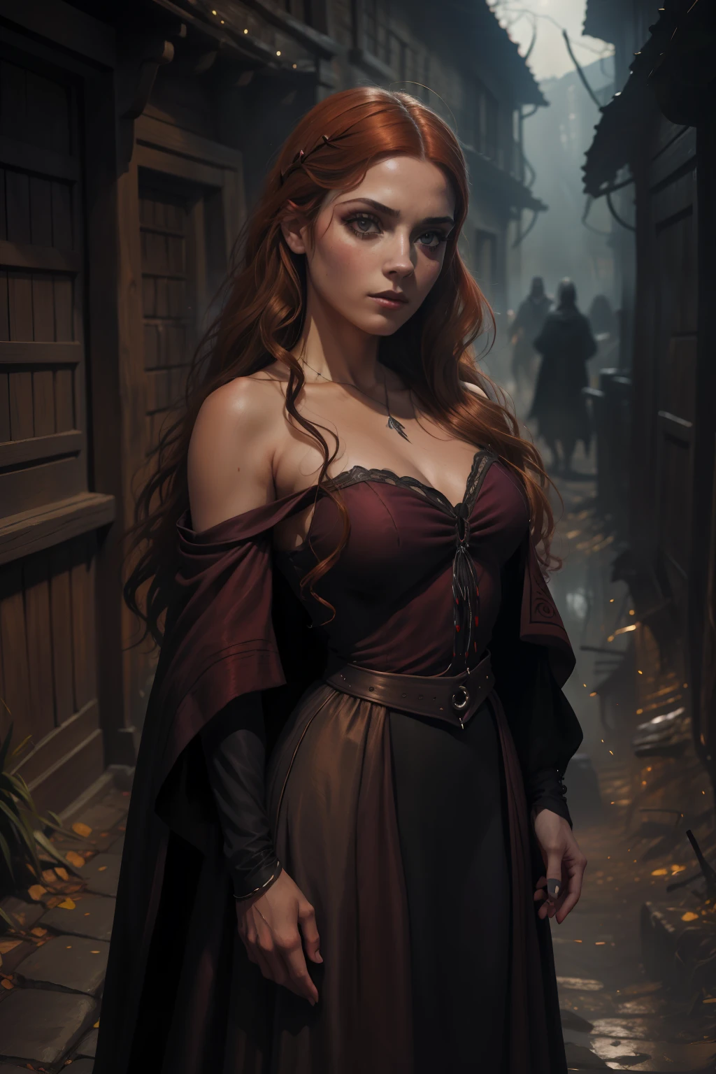 pintura de uma mulher com cabelo vermelho e um estrangulamento em um vestido preto, Estilo de arte de John Collier, Donzela com cabelo de cobre, estilo de Karol Bak, uma jovem Ruiva, Retrato de uma jovem bruxa, No Bowater Art Style, Dirigido por: Roberto Lenkiewicz, Geraldo Brom, Alberto Lynch, retrato da princesa Mérida, Dave Sim, Menina de cabelos vermelhos em um palácio sombrio, vestido preto e roxo de veludo usando um kokoshnic, roupa luxuosa de cigana, adorno de cabeça, Gargantilha de renda, obra-prima, mais alta qualidade, (sozinho), (rosto perfeito: 1.3), (alto detalhe: 1.2), dramático, 1 garota, anjo, (pele pálida), longos cabelos Ruivos, cabelos vermelhos escuros, (Seios enormes), sobrancelhas claras, cabelo longo, noite, roupa de gypspy medieval de cor purpura e preta, muitas joias, adorno de cabeças, olhos castanhos, umbigo Coberto, lábios carnudos, curvilíneo, (braços atrás das costas: 1.4), Coberto, fundo detalhado do palácio, arte de artgerm e greg rutkowski, iluminação cinematográfica, , moda, Balenciaga, Alexandre McQueen, BRILHO, cabelos vermelhos acobreados, cabelos Ruivos acobreados, cabelos vermelhos, mulher Ruiva, cabelos vermelhos bonitos, Ruiv