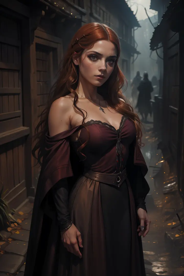 pintura de uma mulher com cabelo vermelho e um estrangulamento em um vestido preto, Estilo de arte de John Collier, Donzela com ...