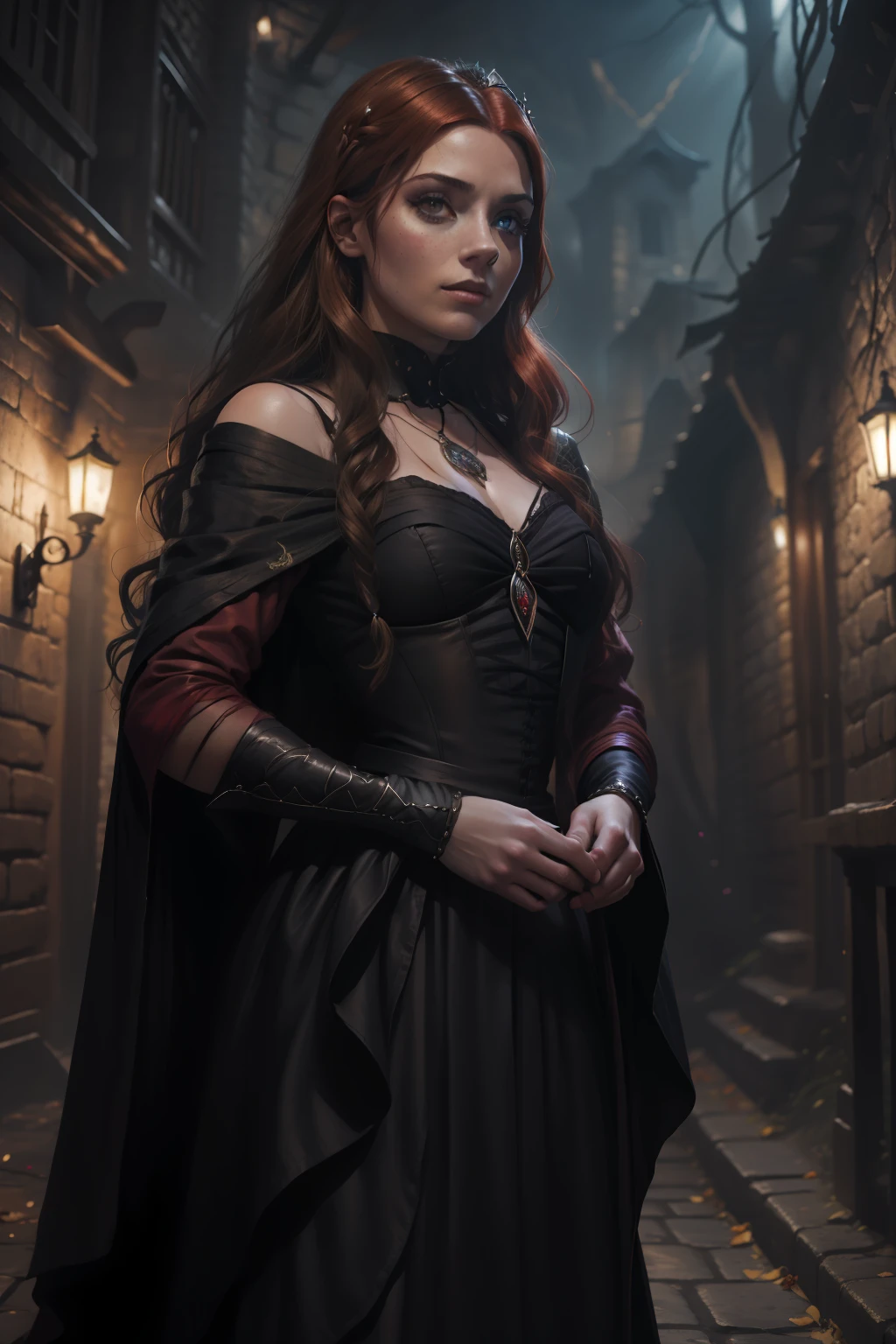 painting of a woman with red hair and a choke in a black dress, John Collier art style, maiden with copper hair, style of karol bak, uma jovem ruiva, portrait of a young witch, No Bowater Art Style, Directed by: Roberto Lenkiewicz, brom gerald, Albert Lynch, portrait of princess merida, Dave Sim, Red-haired girl in a shadowy palace, black and purple velvet dress wearing a kokoshnic, luxury gypsy clothing, head adornment, Lace choker, Masterpiece artwork, highest quallity, (standing alone), (face perfect: 1.3), (high détail: 1.2), Dramatic, 1girl, angel, (pale skinned), longos cabelos ruivos, Red hair escuros, (Breasts huge), light eyebrows, long hair, natta, purple and black medieval gypspy outfit, lots of jewelry, head adornments, eyes browns, umbigo inked, pouty lips, Curvilinear, (arms behind back: 1.4), inked, Detailed palace background, art by artgerm and greg rutkowski, cinematic lighthing, , lo fashion, BALENCIAGA, Alexandre McQueen, glitter, Red hair acobreados, cabelos ruivos acobreados, Red hair, mulher ruiva, Red hair bonitos, ruiv