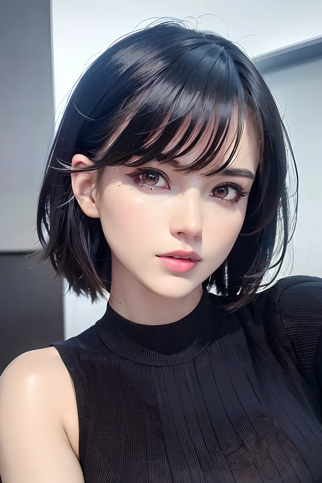 (masterpiece:1.3), (8k, photorealistic, RAW photo, best quality: 1.4), (1girl), cat eye makeup, inner eyes highlighter, smoky eye, Winged Eyeliner, thick eyelash, long eyelash, Eyeliner, eye shadow, beautiful face, (realistic face), (black hair, short hair:1.3), (beautiful hairstyle, realistic eyes, sparkly eyes, beautiful detailed eyes, glowing eyes), (realistic skin), beautiful skin, shy, (sweater), absurdres, attractive, ultra high res, ultra realistic, highly detailed, golden ratio