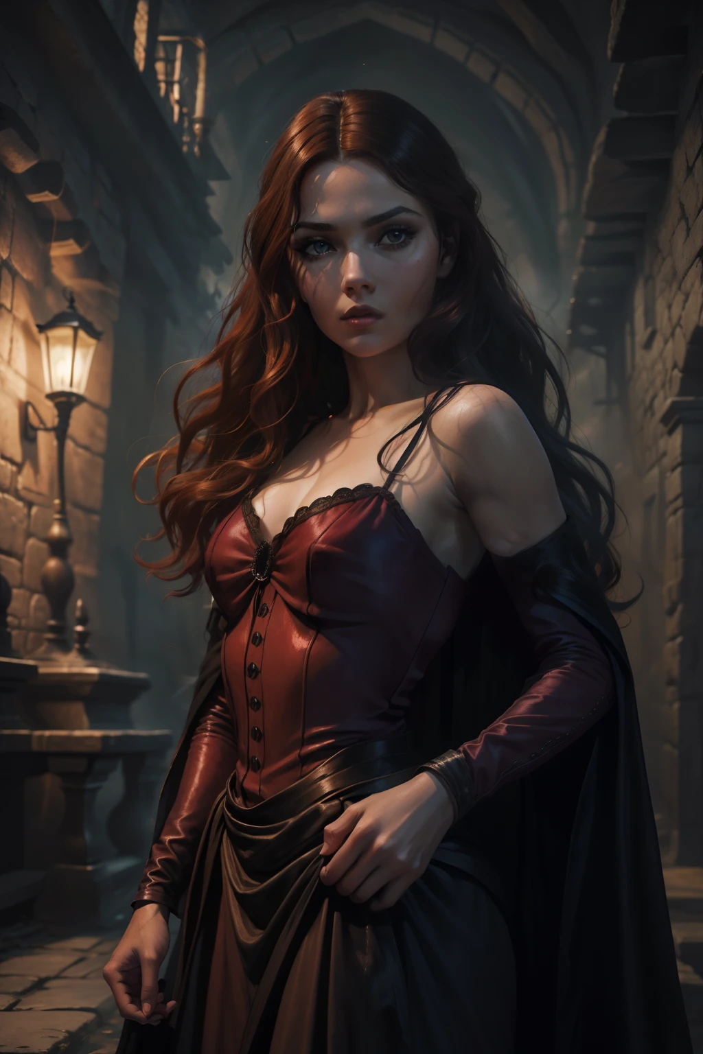 painting of a woman with red hair and a choke in a black dress, John Collier art style, maiden with copper hair, style of karol bak, uma jovem ruiva, portrait of a young witch, No Bowater Art Style, Directed by: Roberto Lenkiewicz, brom gerald, Albert Lynch, portrait of princess merida, Dave Sim, Red-haired girl in a shadowy palace, black and purple velvet dress wearing a kokoshnic, luxury gypsy clothing, head adornment, Lace choker, Masterpiece artwork, highest quallity, (standing alone), (face perfect: 1.3), (high détail: 1.2), Dramatic, 1girl, angel, (pale skinned), longos cabelos ruivos, Red hair escuros, (Breasts huge), light eyebrows, long hair, natta, purple and black medieval gypspy outfit, lots of jewelry, head adornments, eyes browns, umbigo inked, pouty lips, Curvilinear, (arms behind back: 1.4), inked, Detailed palace background, art by artgerm and greg rutkowski, cinematic lighthing, , lo fashion, BALENCIAGA, Alexandre McQueen, glitter, Red hair acobreados, cabelos ruivos acobreados, Red hair, mulher ruiva, Red hair bonitos, ruiv