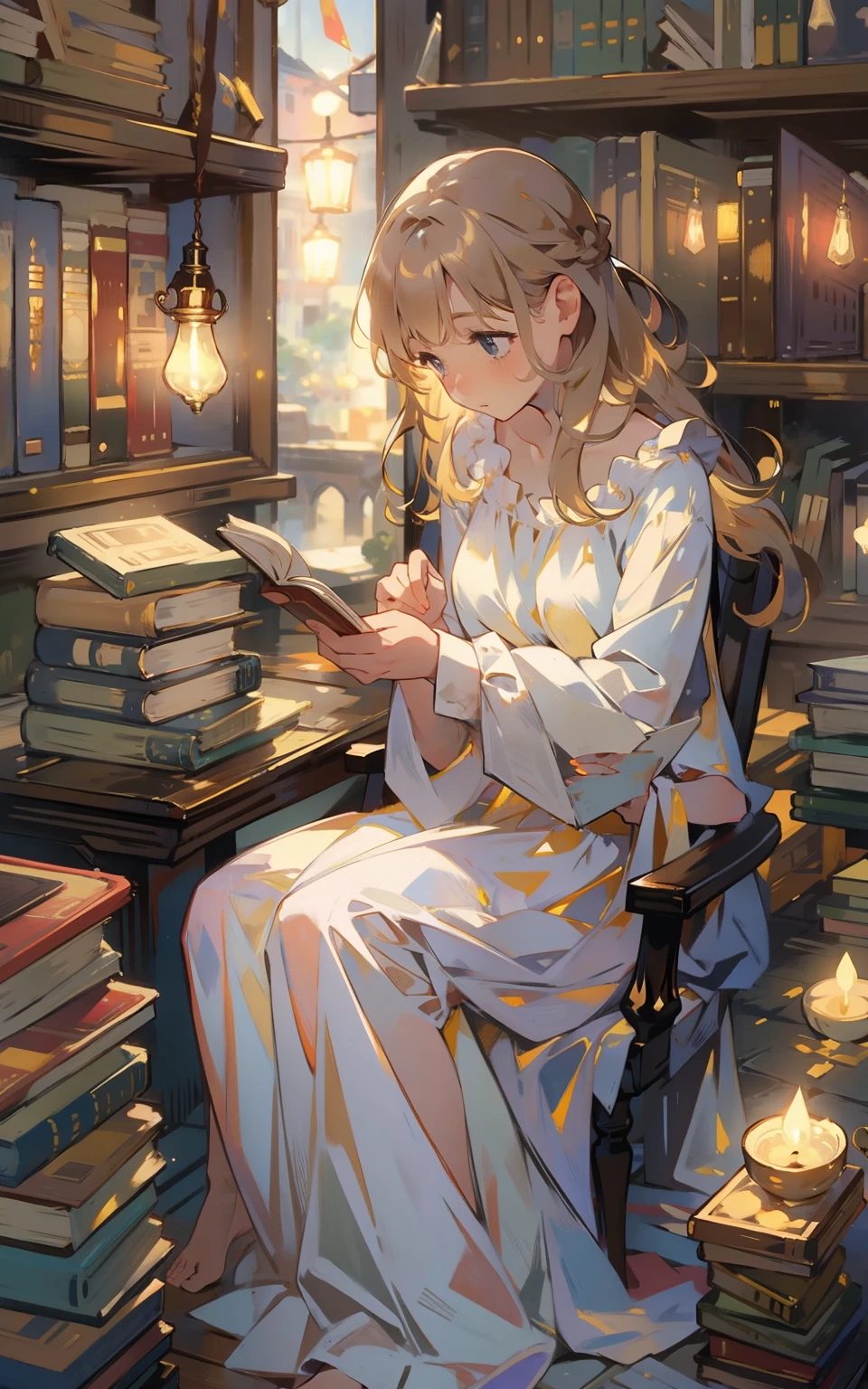 坐在桌边的美丽少女，穿着连衣裙，全神贯注地阅读，周围弥漫着书香和温暖的灯光