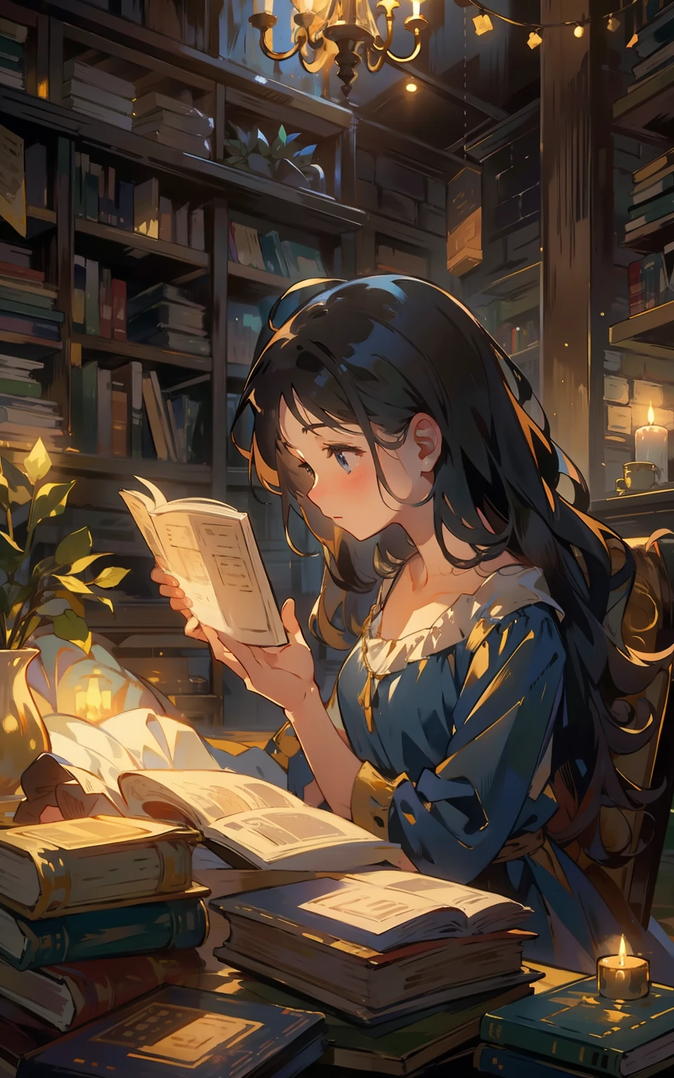 Schönes Mädchen sitzt am Tisch，trägt Kleid，Mit gespannter Aufmerksamkeit lesen，Umgeben vom Duft der Bücher und warmen Lichtern