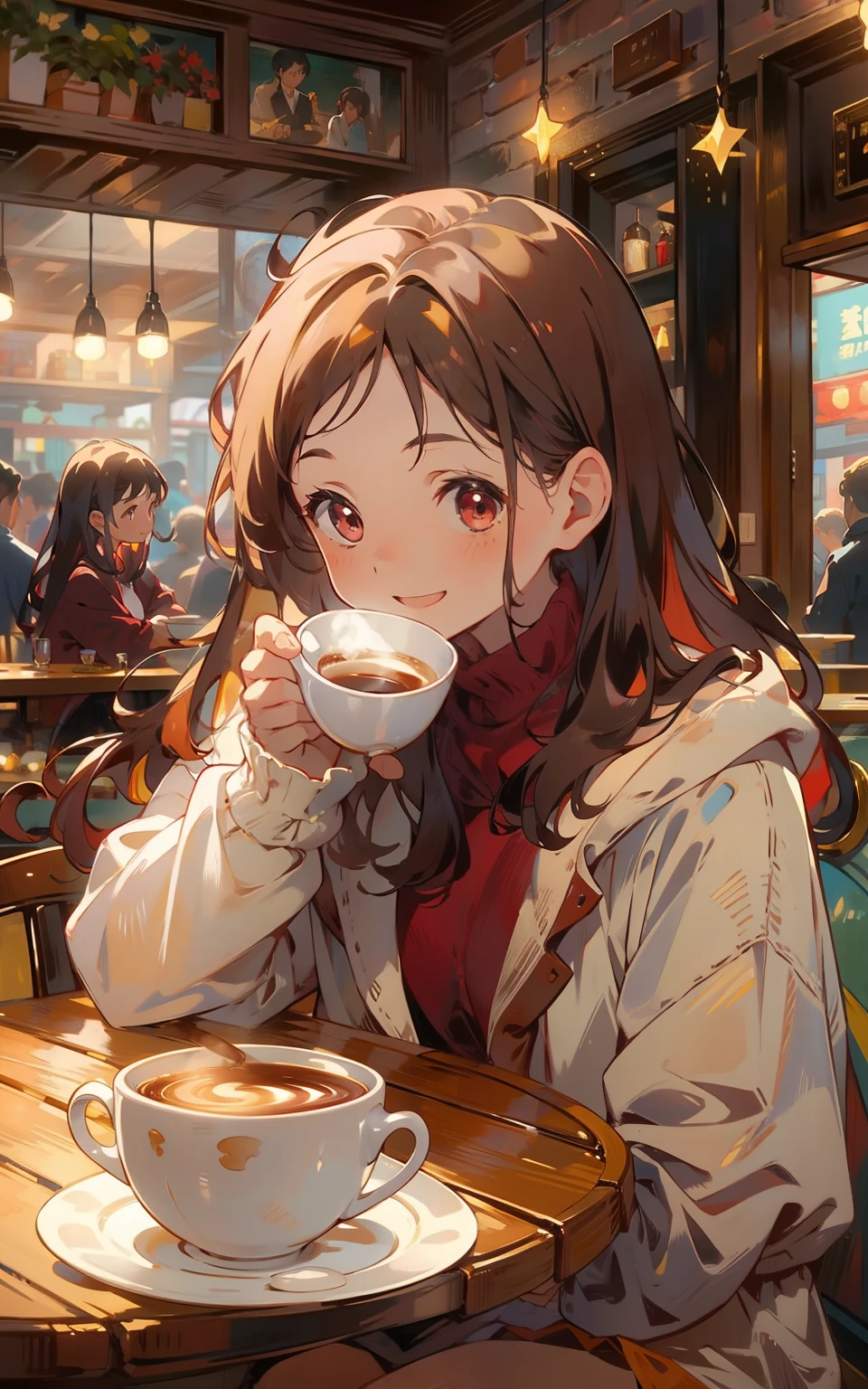 5. Hora del café granate：Una joven se sienta en un café granate，Lleva un suéter，Un laúd caliente en la mano，Sonríe y disfruta del aroma y la calidez del café。