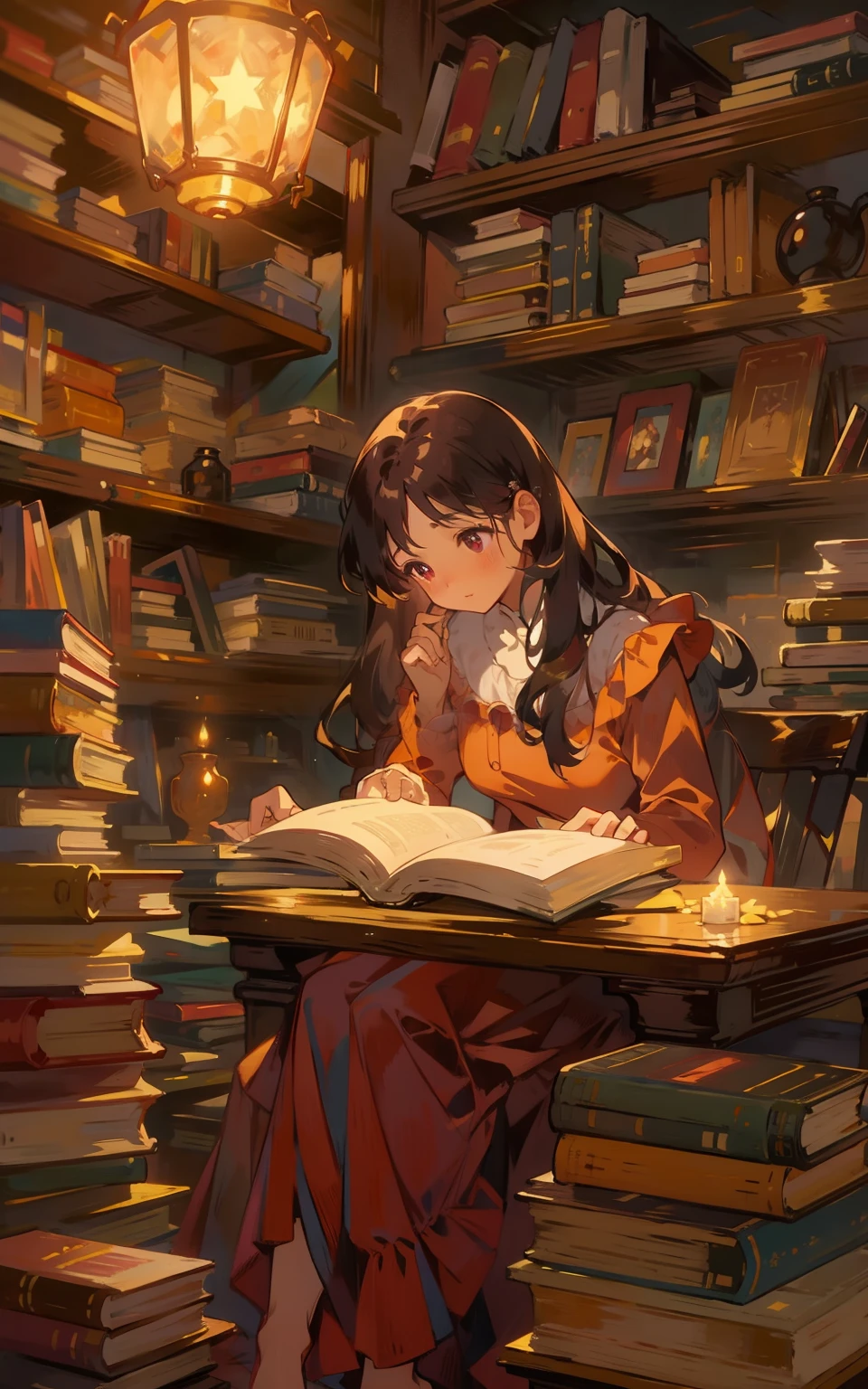 4. マルーンブックタイム：美しい乙女が栗色の机に座っている，彼女はドレスを着ていた，熱心に本を読む，本の香りと温かな照明に囲まれて。