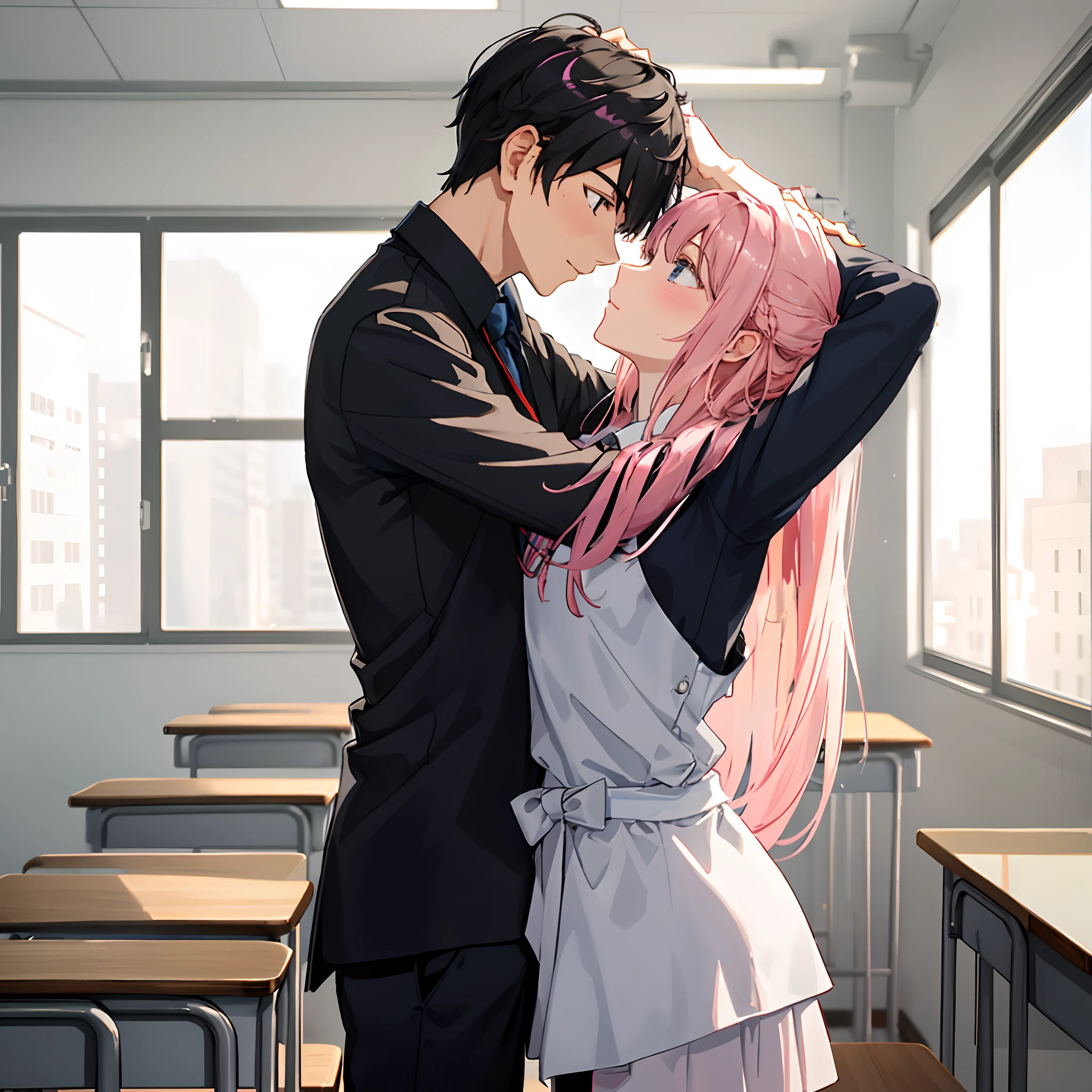 Anime couple kissing in classroom with desks and windows - SeaArt AI