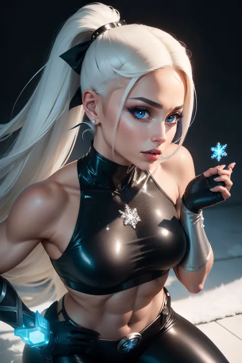 ariana grande as a superheroine, has ice powers, white hair ponytail, back midriff with blue outlines and a snowflake symbol on her right, has black gloves with fur on her the wrist part, wears black tight pants, with a blue belt, blue lines on the knee po...