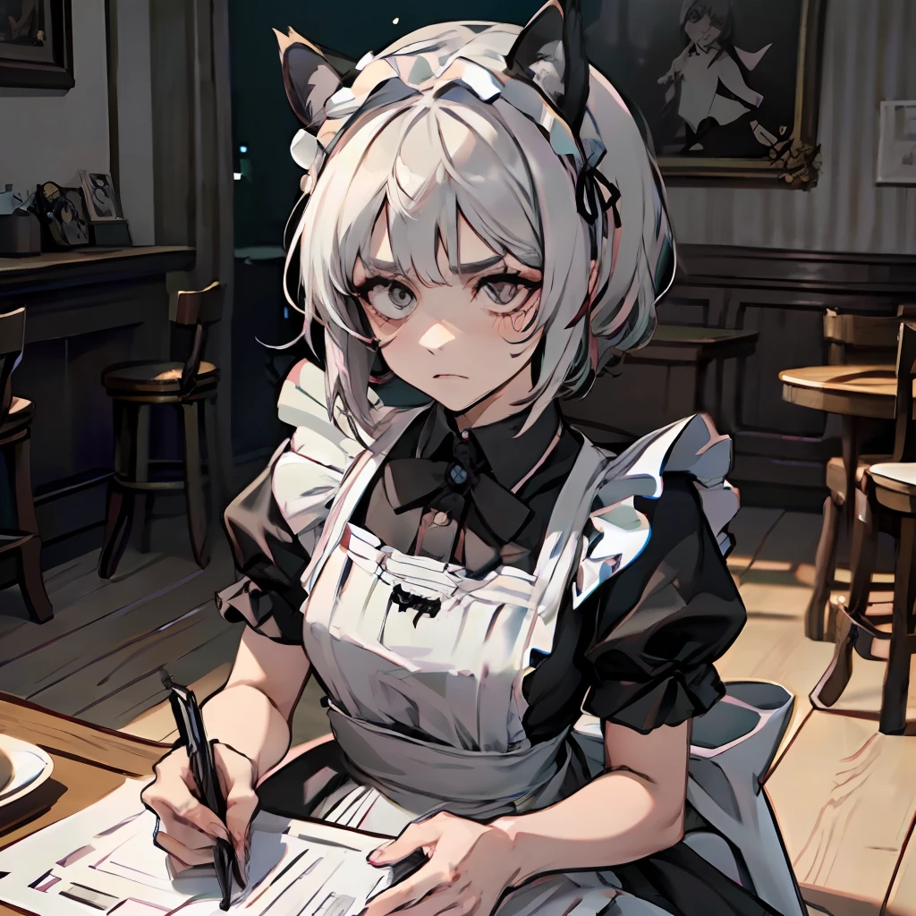 (catgirl maid holding out one single sheet of paper to you)+++++++, (catgirl maid offering a single sheet of paper to the viewer)++++++++, (catgirl maid insisting that you take a cafe menu), (single camera shot of one catgirl maid)++, (unusual camera angle)++, (extremely-detailed masterpiece drawing of a female version of alucard from capcom's castlevania symphony of the night)++, (full-body camera shot of the catgirl maid)++, (low-angle diagonal camera shot of the catgirl maid)++, (entire body of catgirl maid is visible)++, (neat straight white bobcut)++, (silver-haired bowlcut haircut with black bangs)++, (ground-level full-body camera shot of dracula's derpy christ-loving catgirl waifu facing the camera)++, catgirl horsegirl nekomusume umamusume horse ears cat ears maid, catgirl maid hostess welcoming you to the dirty cafe, FineMotion \(umamusume\), akaneh, irene \(Arknights\), in clean detailed anime art style, (1girl)+++++, gothic, holy, black hair with white stripes, black and white striped hair, goth vampiress in the grimdark anime style of yoshitaka amano's vampire hunter d, in the complementary styles of various different randomly-selected anime, gravestones and crucifixes, (middle-distance camera shot of the catgirl maid), two-tone hair, zebra hair, one white nekomimi and one black nekomimi, black and white fashion, black-and-white cat-striped tights, one of her shoes is black and the other is white, blank wide-eyed stare, unsettling spooky deadpan facial expression, (grey eyes)++, flat affect, slight frown, angry at you for interrupting her, catgirl maid with zombie-like stare, furrowed brow, skeptical expression, mature female, 30 years old, (in the setting of a grungy dishevelled disheveled akihabara coffeehouse)++, tired from working too hard, sighing, releasing a sigh, skeptically welcoming you in to a tiny messy kafe カフェ, exasperatedly inviting you into a cluttered nihon 茶店 chaya, baleful glare, frustrated, scrutinizing, expressive face,