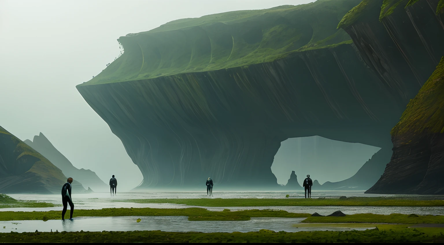 Humans in wetsuits，an alien landscape，Exotic aquatic plants，A group of alien old dead monsters，Alien fog landscape，SENSE OF CINEMA，Extremely detailed，author；Jacob.Rozarsky