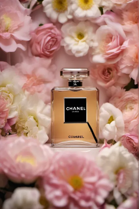Chanel perfume product picture，（Perfume set among flowers）tmasterpiece，The best picture quality ，（Realiy）（Studio lighting）（（The trademark is clear in English））