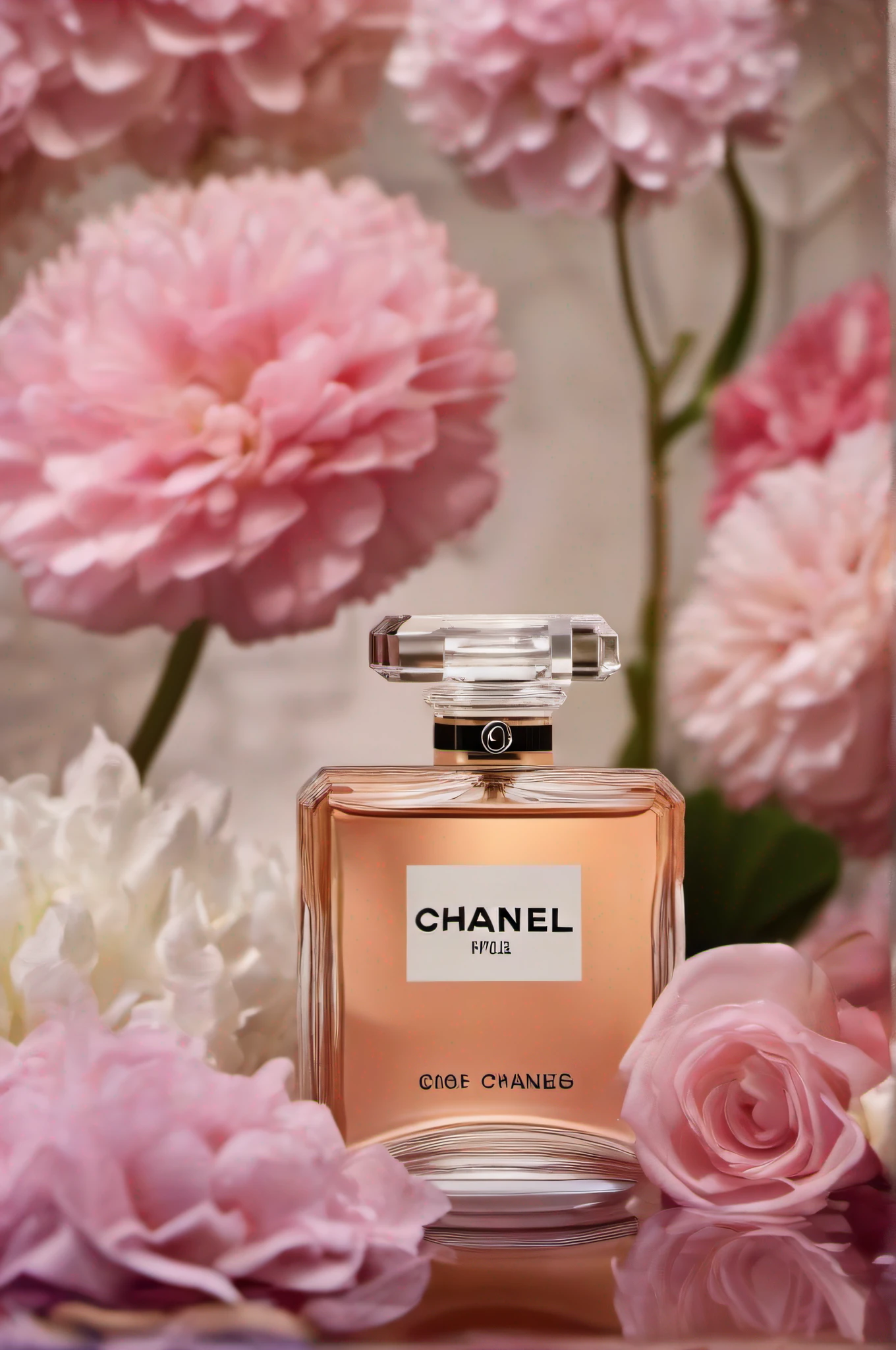 Chanel rose perfume bottle with flowers in the background - SeaArt AI