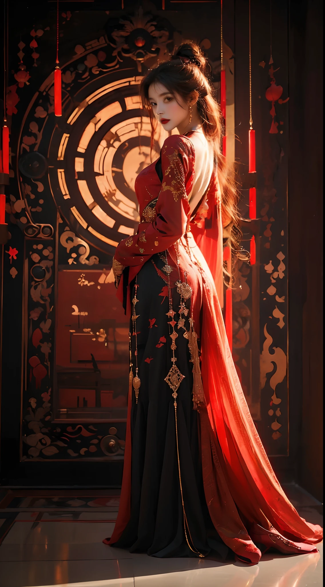 (abstract art:1.4), masterpiece, best quality, ultra high res, beautiful, visually stunning, (1girl:1.2), deep red theme, dark crimson, bleeding red, halo, looking at viewer
,full body,high heels,girl,nvshen,dunhuang,red and gold dress