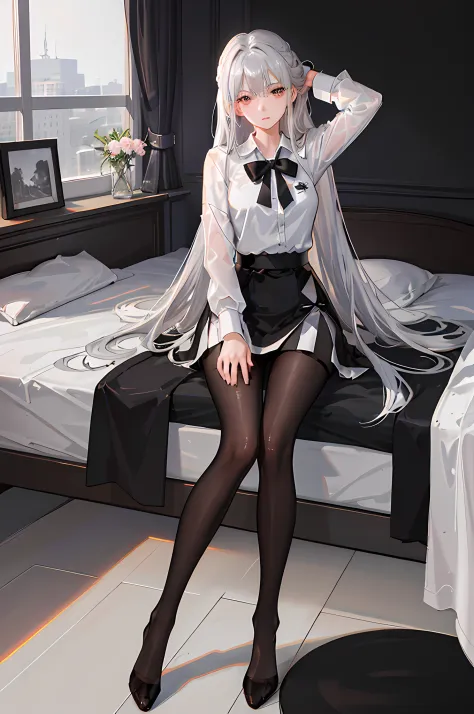 (((1 girl)),ray tracing,(dim lighting),[detailed background (bedroom)),((silver hair)),((silver hair)),(Fluffy silver hair, plum...