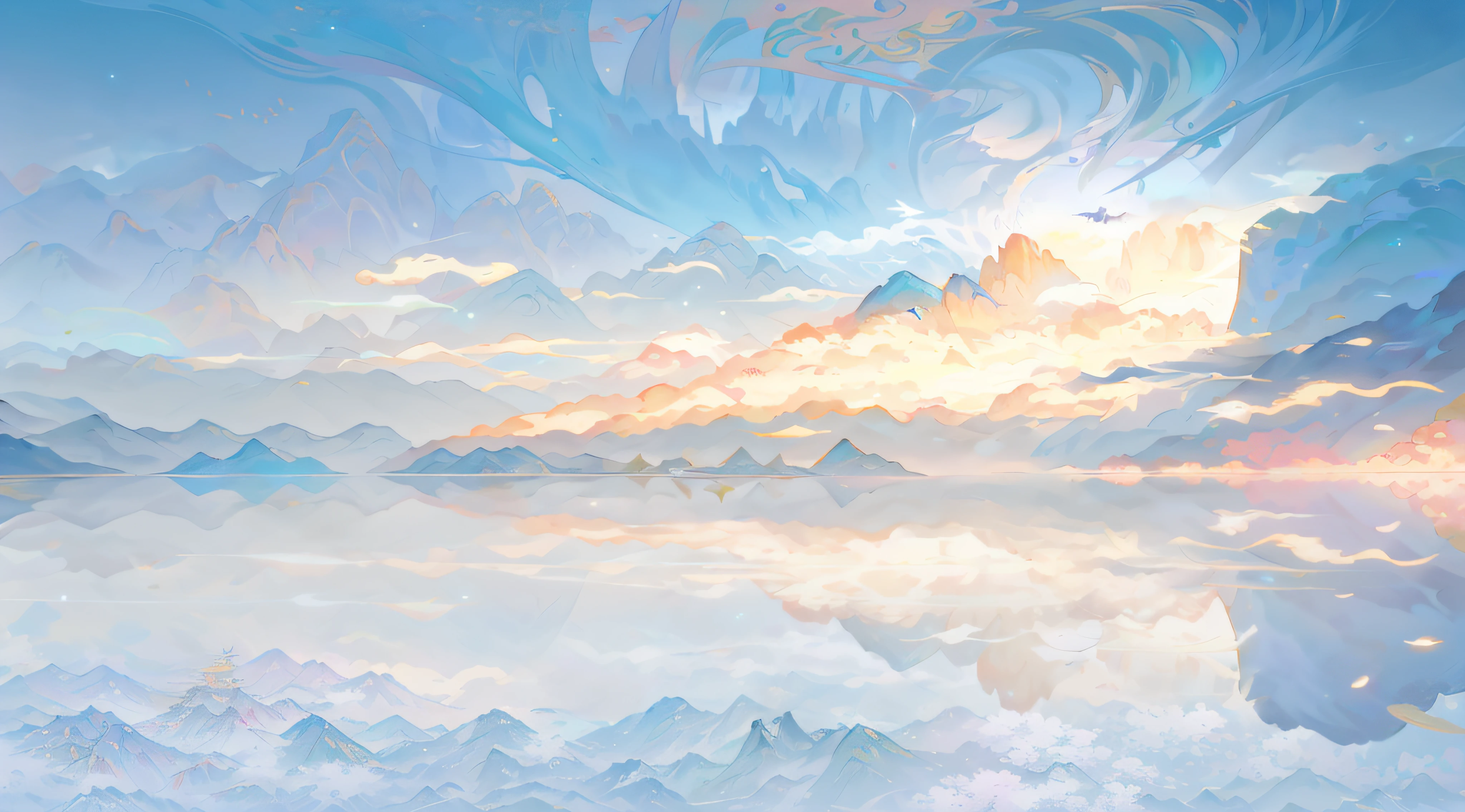 Paint a beautiful landscape with mountains and lakes, Detailed scenery —width 672, anime beautiful peace scene, epic dreamlike fantasy landscape, 4k highly detailed digital art, anime landscape wallpapers, Atmospheric fantasy sky, ethereal landscape, A beautiful artwork illustration, Beautiful art UHD 4 K, heavenly landscape, Anime fantasy illustration, detailed dreamscape