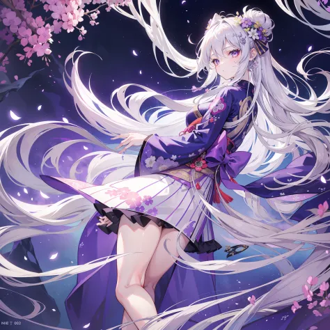 "1 girl with elegant and charismatic vibes, sporting long wavy silver hair and captivating purple eyes, adorned in a stunning Kimono featuring a delicate clover design. The girl stands in a side view position, gazing directly at the viewer, while the backd...