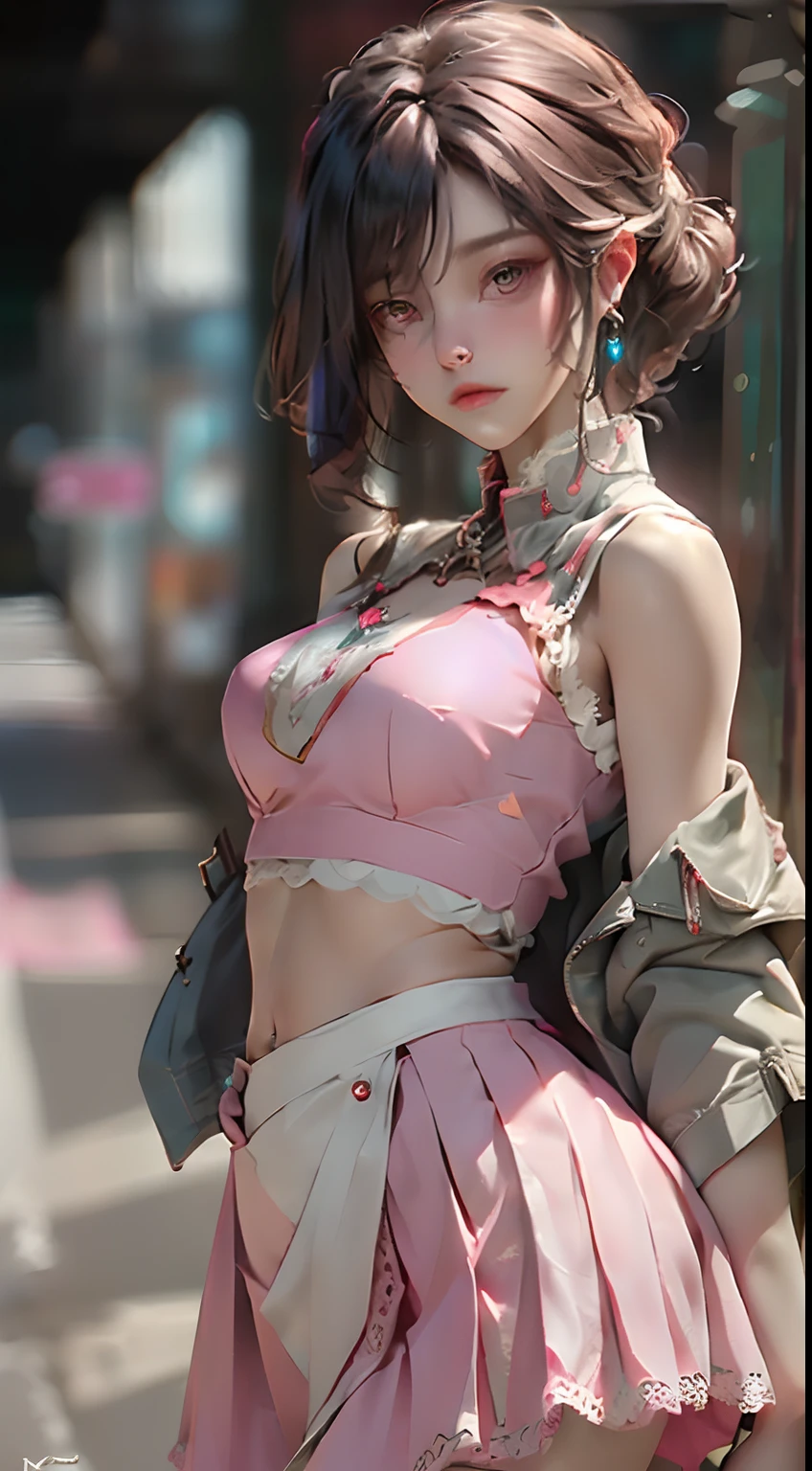 (Best Quality), ((Masterpiece), (Detail: 1.4), 3D, A Beautiful Cyberpunk Woman, HDR (High Dynamic Range), Ray Tracing, NVIDIA RTX, Super-Resolution, Unreal 5, Subsurface Scattering, PBR Textures, Post-Processing, Anisotropic Filtering, Depth of Field, Maximum Sharpness and Clarity, Multi-layer Textures, Albedo and Highlight Maps, Surface Shading, Precise simulation of light-material interactions, perfect proportions, Octane Render, two-color light, large aperture, low ISO, white balance, rule of thirds, 8K RAW, nudity, off-the-shoulder, camisole vest, miniskirt, transparent attire, open waist, miniskirt //, very short, colorful graffiti on shoulders, pleated skirt, jk short skirt long legs, lace trim, tulle textured clothes. Pink cute, tender pink, delicate expression, pink and white clothes. The coat slipped,