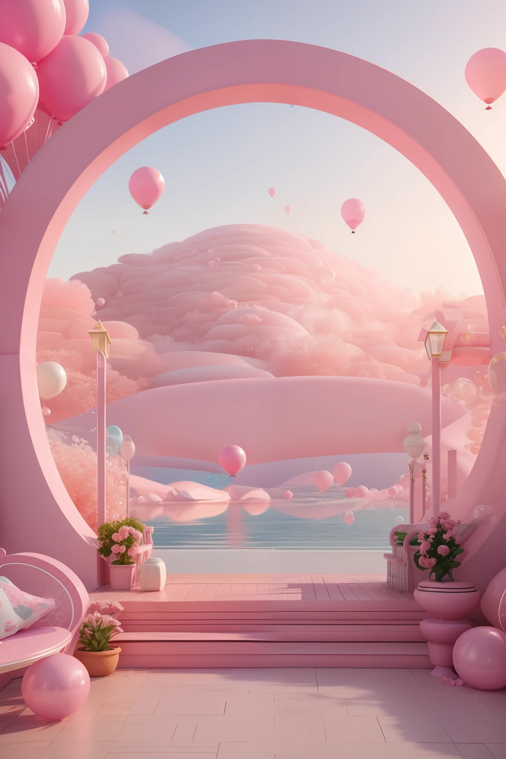 ピンクと白のアーチがあります，風船とベンチ付き, ピンクの禅スタイル, ピンクの風景, 夢のようなシーン, ピンク色の海を眺める, 3Dレンダリング様式, 様式化された 3D レンダリング, シュールな 3D レンダリング, 活気ある風景, シュールな夢の風景, 3D スタイライズシーン, 3Dレンダリングとして様式化, 夢のような雰囲気とドラマ