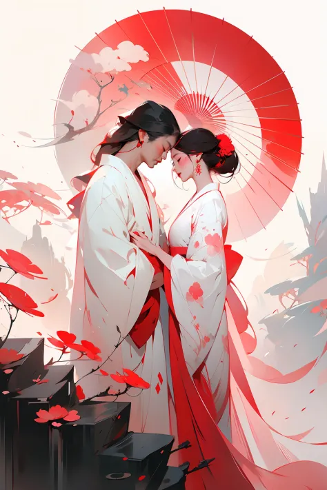 anime couple in kimono dress kissing under umbrellas in front of red and white background, guweiz on pixiv artstation, guweiz, k...