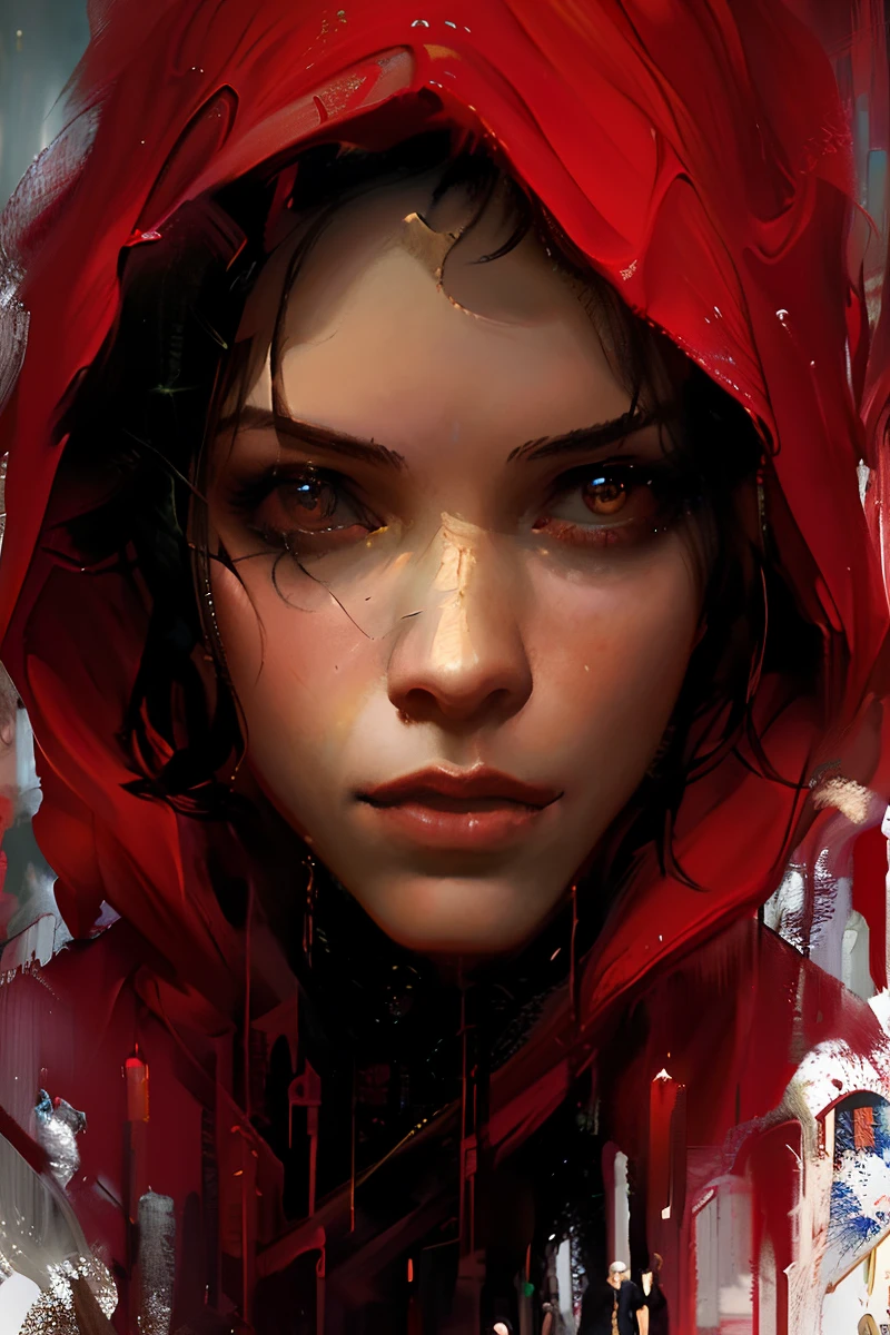 una pintura de una mujer con una sudadera con capucha roja, pintado por andres rocha, hermosa pintura de personajes, Vadim Kashin. ultra realista, por Slawomir Maniak, estilo de raymond swanland, artegerm craig mullins, hermosa pintura expresiva, por Grzegorz Domaradzki, arte de alessandro pautasso, by Carlos Berlanga