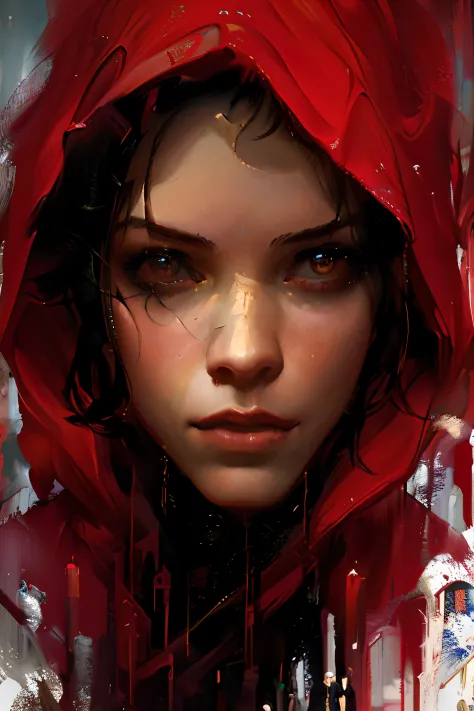 a painting of a woman with a red hoodie on, painted by andreas rocha, beautiful character painting, wadim kashin. ultra realisti...