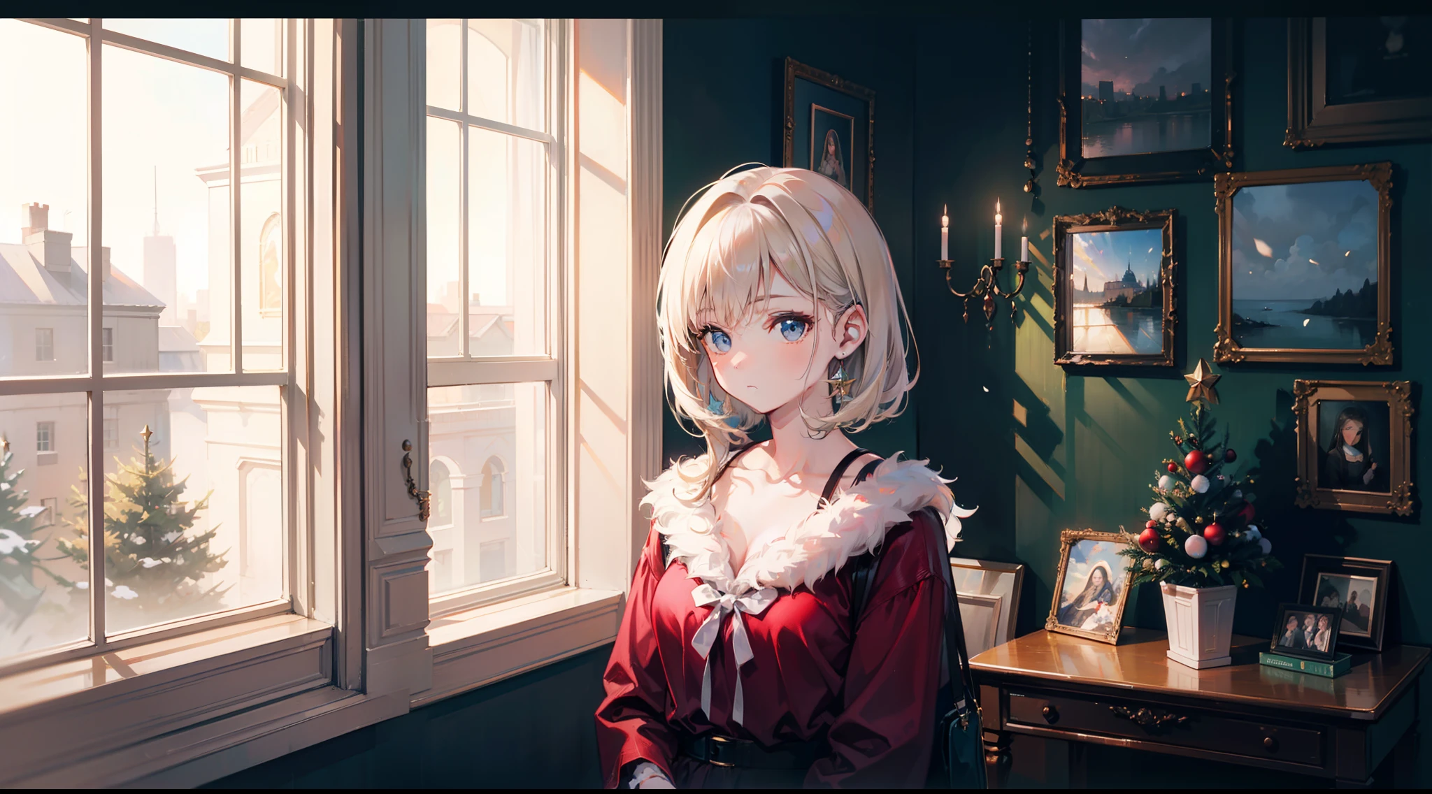 Anime girl in red dress standing in front of a window - SeaArt AI