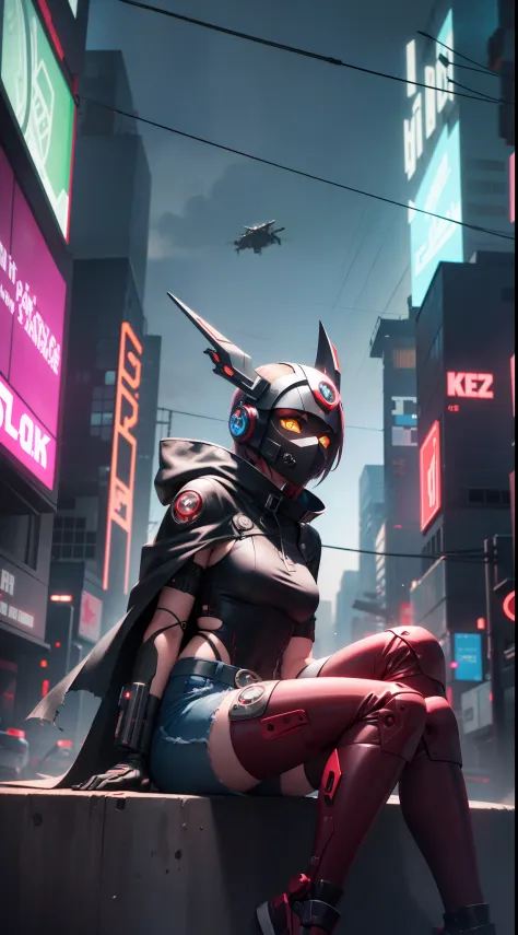 A girl, wearing a black-red glowing techpunkmask with yellow eyes shining, dressed sexy, with a futuristic pistol hanging from the left and right of her waist, a mechanical prosthesis in her right hand, a red torn cloak swaying in the wind, next to a small...