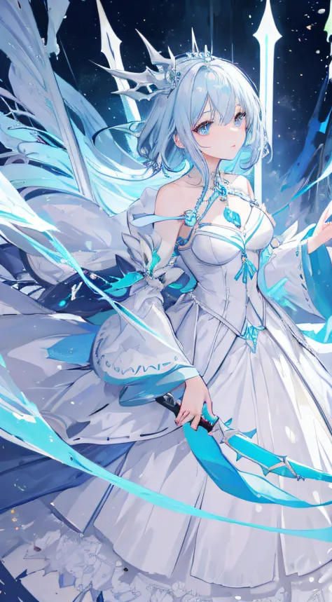1mature girl, light blue hair, sharp white eyes, wears white dress and a ice crown, make it like tarot anime-style but no frame