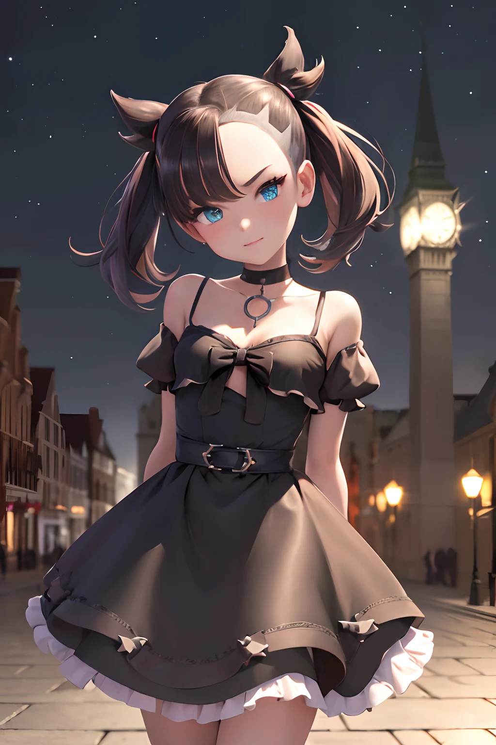 masterpiece, best quality, highres, hmmarnie, sparkling aqua eyes, choker, hair ribbon, gothic Lolita dress, bows on clothing, cowboy shot, standing, gazing at viewer, dimly lit street, clock tower, night time, stars, magical aura, slight smile, slight head tilt, blush