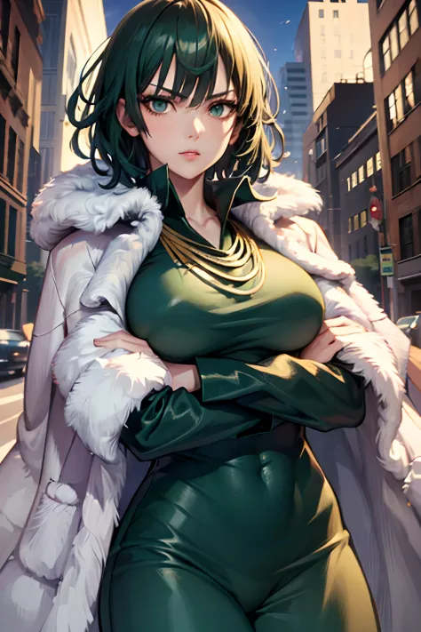 (masterpiece, best quality:1.2), cowboy shot, solo, 1girl, fubuki, expressionless, crossed arms, green hair, taut clothes, fur c...