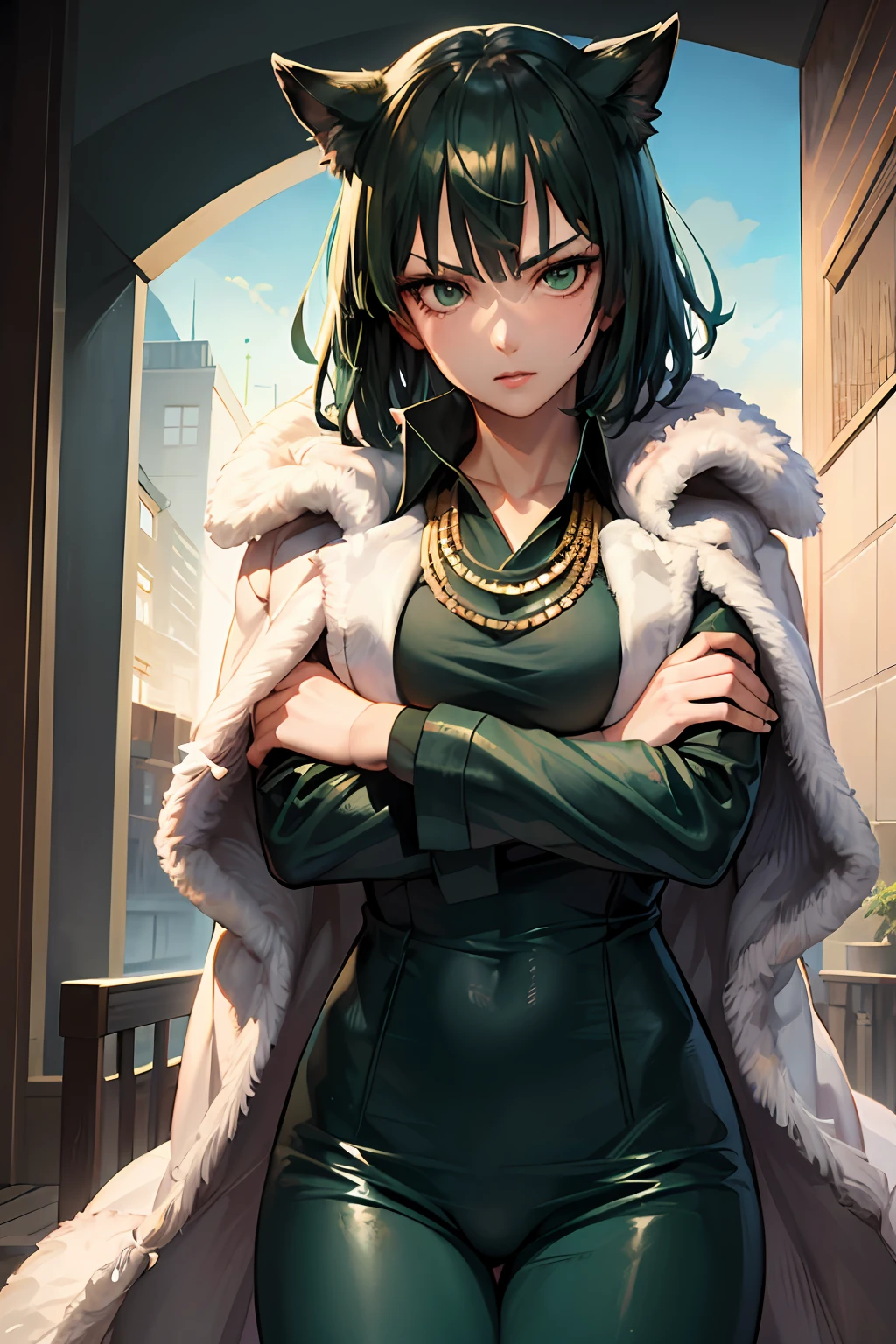 (masterpiece, best quality:1.2), cowboy shot, solo, 1girl, fubuki, expressionless, crossed arms, green hair, taut clothes, fur coat, jewelry, necklace