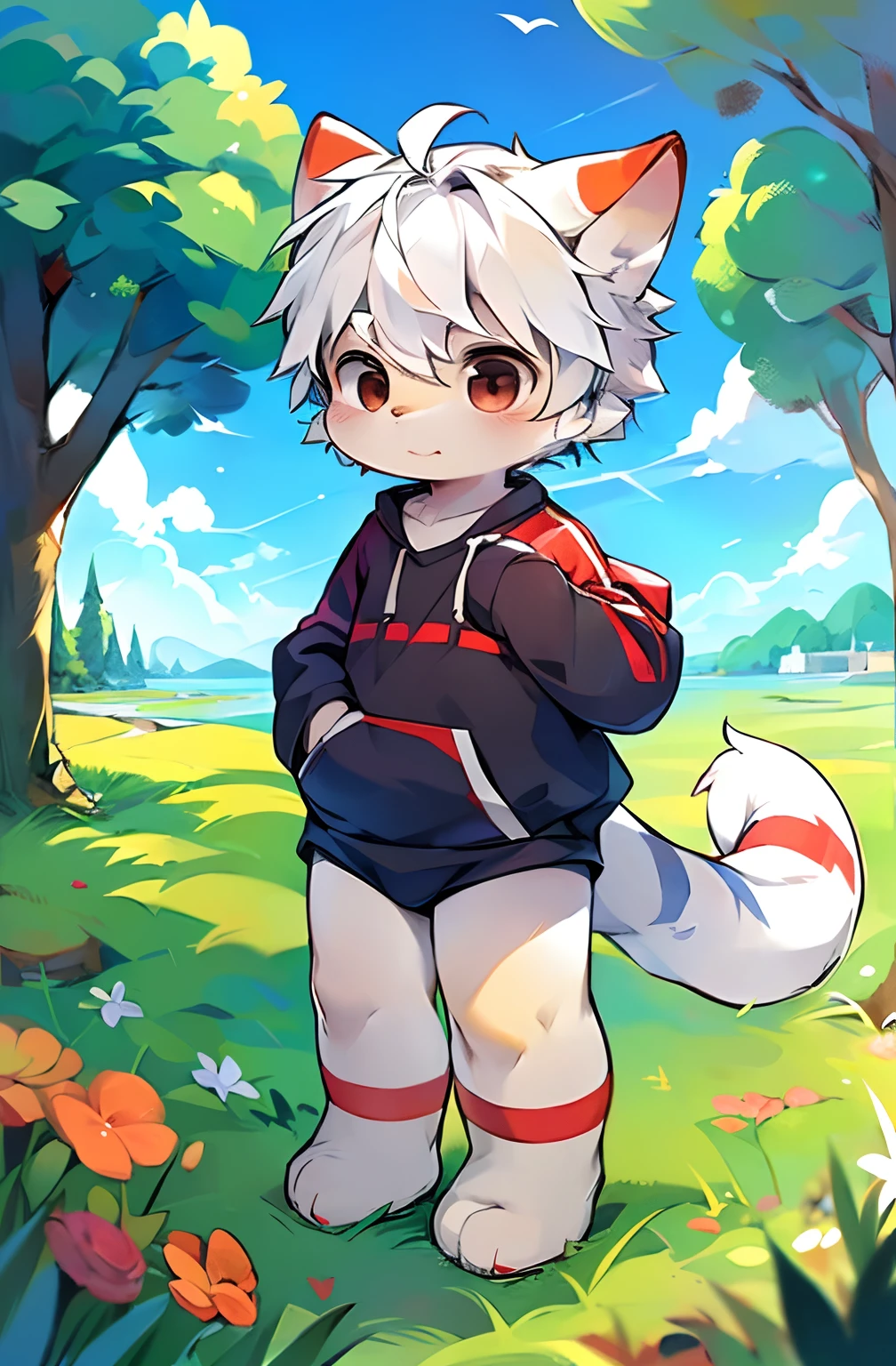 (Bright environment:0.8),Masterpiece,High quality,abstract res,Digital painting\(artwork of a\), by dagasi, yupa,kiyosan,(anthro,Fluffy fur,Character focus:1.1),Human Paint Day,Short hair,Portrait , eyes with brightness, in a panoramic view, Character focus.(detailedbackground:0.7), solo, shaggy, shaggy male,16 yaers old，malefocus, standing on your feet，Light blue sweatshirt，Put your hands in your sweatshirt pocket，grey shorts，Handsome，Micro-expressions，Facing the lens，Parallel screens，anthr,(Full Body Furry, Fluffy tail, Pure white fur, Red stripe pattern on the hind legs，Black eyes, Pure white hair，The gray ears are pointed:1.2), (White canines：1.2），（outside、clear skieorning、grassy fields：1.1）