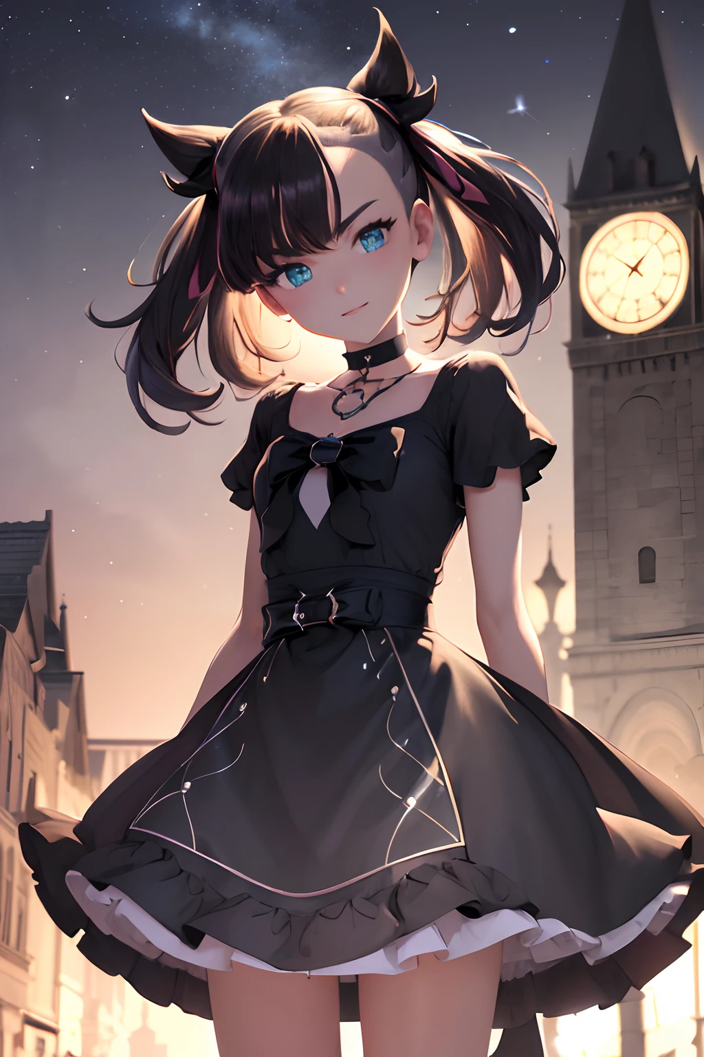 masterpiece, best quality, highres, hmmarnie, sparkling aqua eyes, choker, hair ribbon, gothic Lolita dress, bows on clothing, cowboy shot, standing, gazing at viewer, dimly lit street, clock tower, night time, stars, magical aura, slight smile, slight head tilt, blush