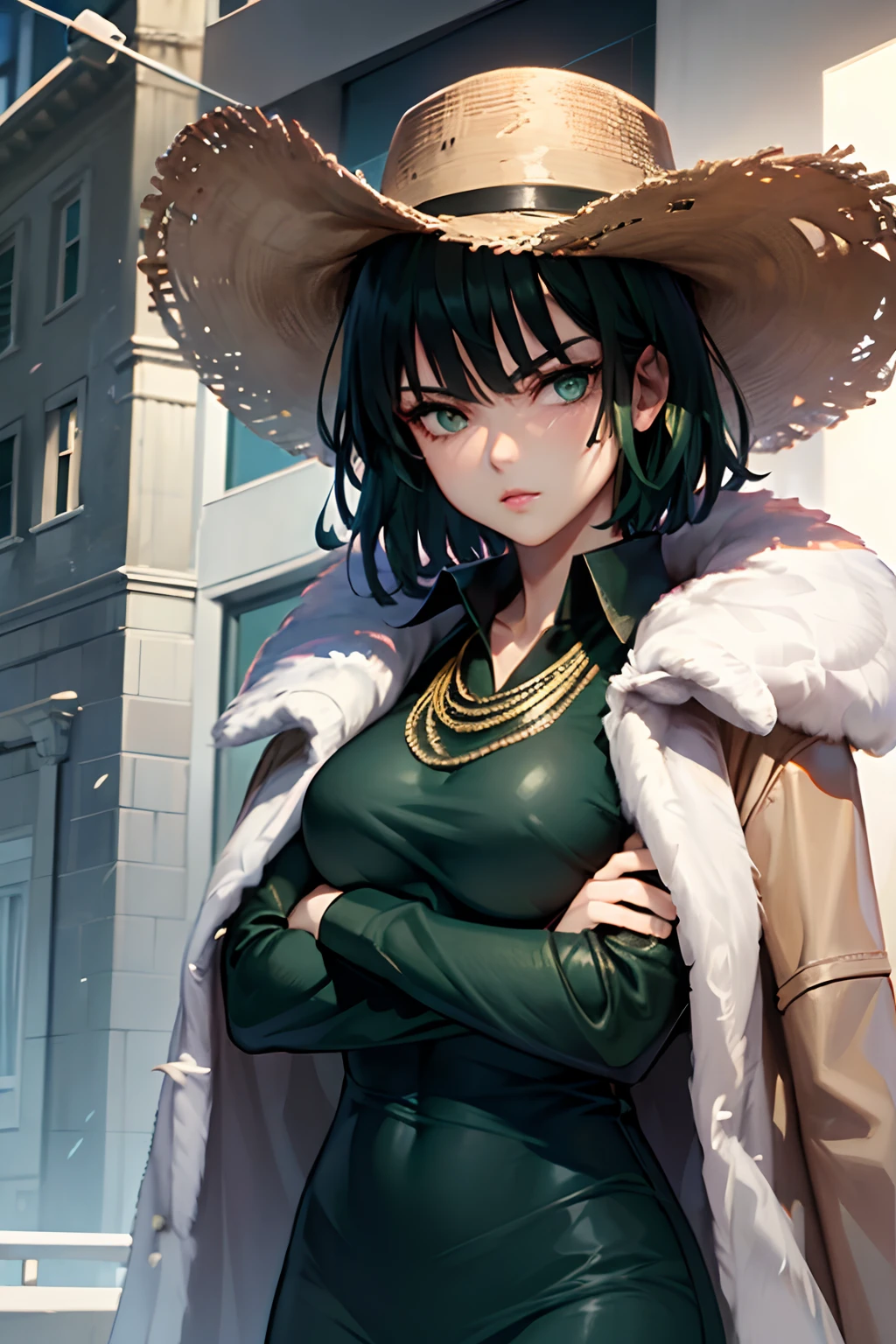 (masterpiece, best quality:1.2), cowboy shot, solo, 1girl, fubuki, expressionless, crossed arms, green hair, taut clothes, fur coat, jewelry, necklace