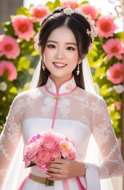 bride and groom posing for a picture in front of a floral arch, dang my linh, ao dai, mai anh tran, in style of lam manh, lalisa...