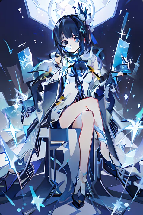 In the starry sky，A girl sitting，Wearing a long white dress and white and blue gradient pupils。，Has a long cloak。Surrounded by s...