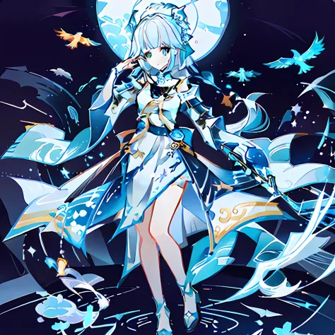 In the starry sky species，A girl sits and plays the flute，Wearing a long white dress and white and blue gradient pupils。，Has a long cloak。Surrounded by stars，light particules，The picture is dreamy，Standing painting style。